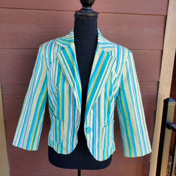 George Women’s Size 12 Turquoise White & Green Striped Long Sleeved Blazer - Picture 4 of 12